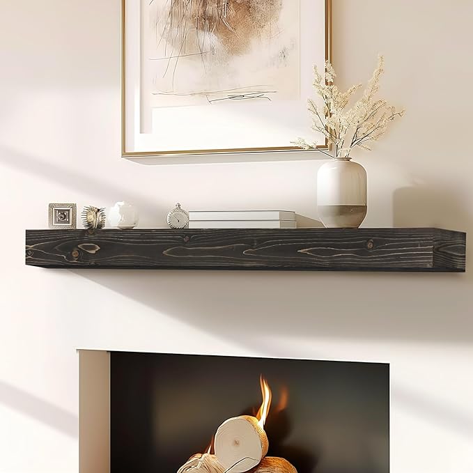 56x8x3 Fireplace Mantel - Handcrafted Hollow Rustic Solid Wood Wall Mounted Floating Shelf with Invisible Heavy Duty Wood Bracket (Weathered Black)-CasaMuseHome