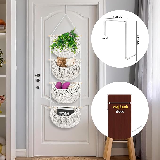 4 Tier Hanging Fruit Basket for Kitchen, 4 Pack Detachable Cotton Crocheted Wall Hanging Baskets Shelf Over Door Organizer for Fruit Veggie Plant, Hanging Storage Basket for Bathroom Bedroom(Beige)-CasaMuseHome