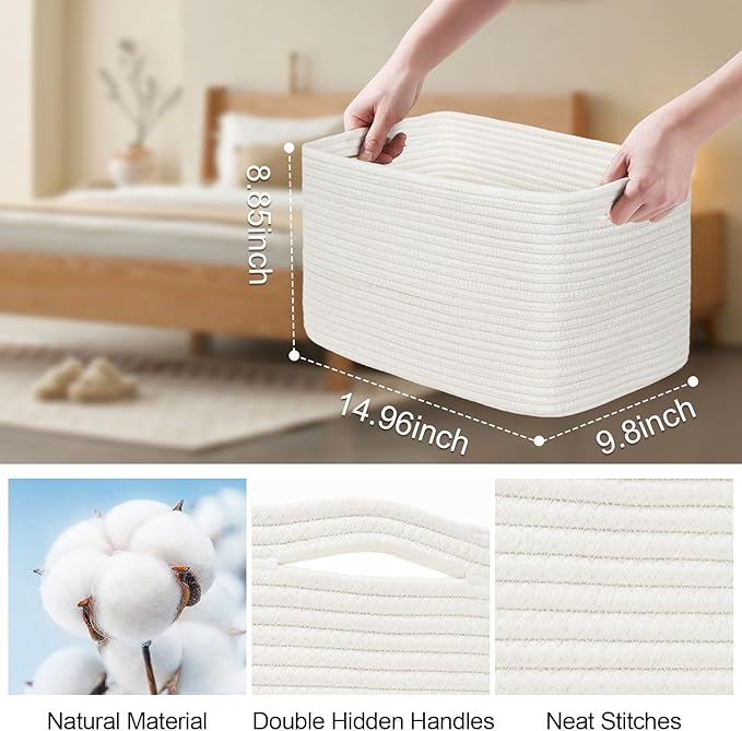 3-Pack Shelf Baskets for Organizing, Woven Storage Basket for Shelves, Cotton Rope Storage Bins for Toys Books, Nursery Towel Baskets for Classroom, 14.96"X9.8"X8.85", White-CasaMuseHome