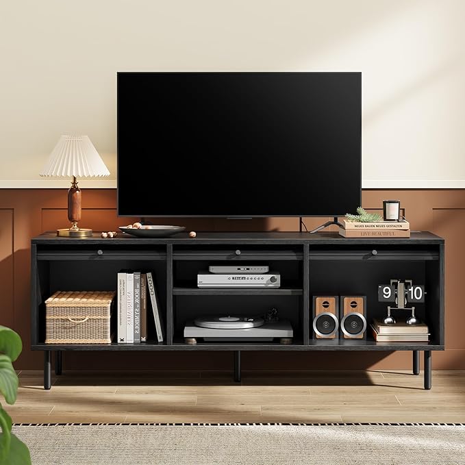 59 Inch TV Stand with Power Outlet for TVs up to 65 Inch, Entertainment Center with Storage, Mid-Century Modern TV Console, Adjustable Shelf & Sliding Doors, TV Stand for Living Room, Bedroom, Black-CasaMuseHome