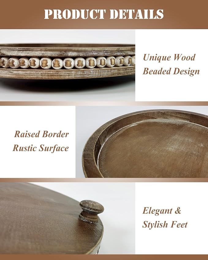 12 Inches Rustic Wooden Decorative Tray, Small Round Beaded Wood Tray for Kitchen Dinning Table Centerpiece Decor Entryway Living Room Home Decor, Brown-CasaMuseHome