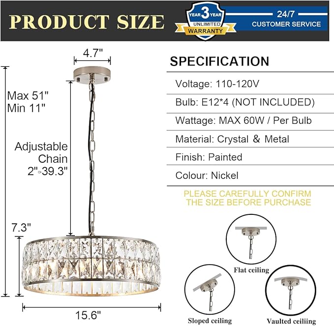 16” 4-Light Modern Crystal Chandeliers Nickel Dinning Room Light Fixture, Round Pendant Light Kitchen Island Chandelier, Flush Mount Ceiling Light for Living Room Entryway Bedroom Foyer-CasaMuseHome