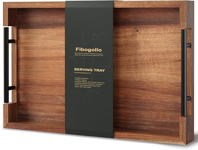 Acacia Wood Serving Tray with Metal Handles,15x10in Ottoman Decorative Trays Platter for Coffee Table,Living Room,Bar,Party(Medium)-CasaMuseHome