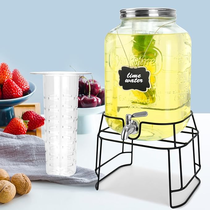 2 Gallon Glass Drink Dispensers For Parties,Beverage Dispensers With Stand And 100% Leakproof Stainless Steel Spigot.Glass Water Jug Dispenser,Lemonade Dispenser,Mason Jar.-CasaMuseHome