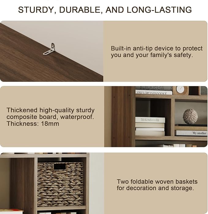 71” Tall Wooden Bookcase 6-Tier Large Bookshelves with 2 Woven Baskets, 55" Wide Floor Standing Wood Display Organizer Shelves for Living Room（Brown）-CasaMuseHome