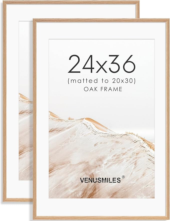 24x36 Poster Frame Set of 2 Natural Solid Oak Photo Frames with 20x30 Removable Mat Wall Hanging Large Handcrafted Frame with HD Plexiglass Wall and Tabletop Display Large Picture Frame-CasaMuseHome