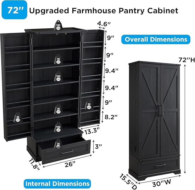 72" Farmhouse Kitchen Pantry Cabinet with Drawer, Tall Storage Cabinet with 2 Barn Doors and Shelves, Versatile Large Rustic Storage for Dining Room, Bathroom, Living Room, Black-CasaMuseHome