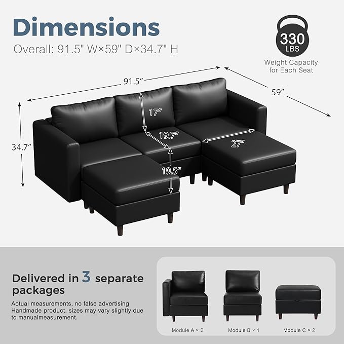 91.5" Faux Leather U Shaped Modular Sectional Sofa, 5 Seater Couch with Movable Ottoman Deep Seat and Storage Seat with Removable Cover for Living Room, Apartment - Black-CasaMuseHome