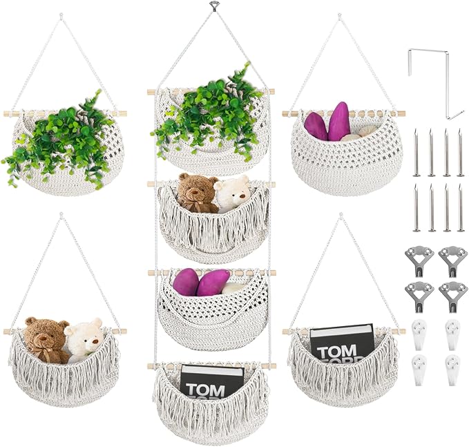 4 Tier Hanging Fruit Basket for Kitchen, 4 Pack Detachable Cotton Crocheted Wall Hanging Baskets Shelf Over Door Organizer for Fruit Veggie Plant, Hanging Storage Basket for Bathroom Bedroom(Beige)-CasaMuseHome