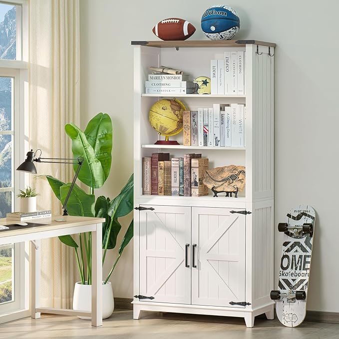 70in Tall Bookshelf 5 Tier Bookcase with Barn Doors and Storage Cabinet, White Farmhouse Book Shelf with Adjustable Shelves, Wood Freestanding Display Bookshelves for Bedroom, Kitchen (3PCS)-CasaMuseHome