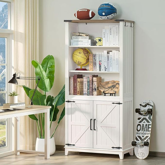 5 Tier Bookshelf 70in Tall Bookcase with Barn Doors and Storage Cabinet, White Farmhouse Book Shelf with Adjustable Shelves, Wood Freestanding Display Bookshelves for Bedroom, Living Room-CasaMuseHome