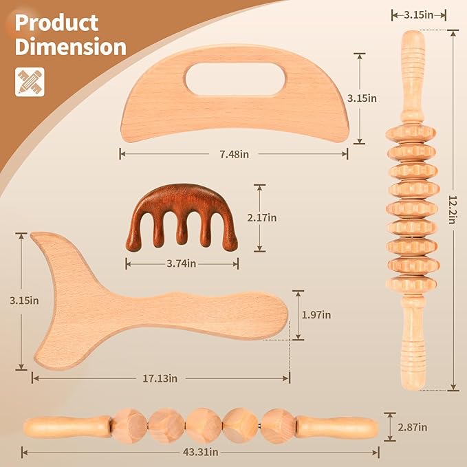 5 in 1 Wood Therapy Massage Tools Lymphatic Drainage Massager Maderoterapia Kit Wooden Massager Body Sculpting Tools for Muscle Pain Relief, Anti-Cellulite, Body Contouring and Shaping-CasaMuseHome
