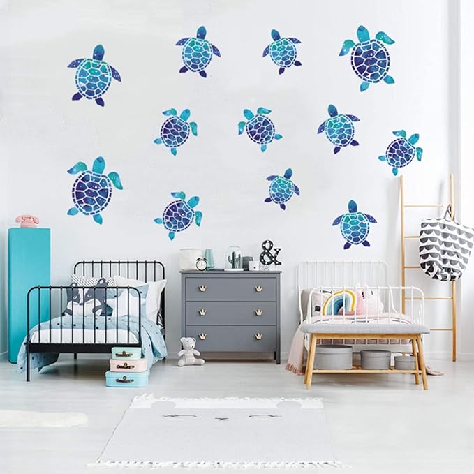 12pcs Sea Turtle Vinyl Stickers Underwater Ocean Decals Waterproof Wall Sticker Home and Bedroom Decoration, DIY Accessories, Blue-CasaMuseHome