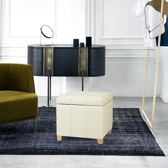 Adeco Faux Leather Storage Ottoman with Hinged Lid, 17.5 Inch High Cream White Square Cube Foot Stool with Storage, Upholstered Vanity Stool with Solid Wood Legs for Living Room, Bedroom, Dorm-CasaMuseHome