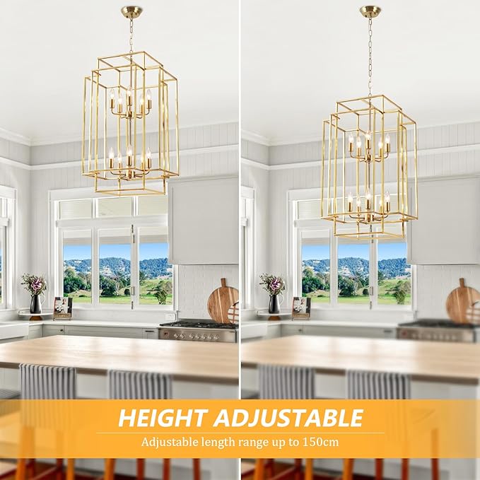 30" Farmhouse Gold Chandelier, 10-Light Foyer Lighting Fixtures, Lantern Tiered Pendant Light Fixtures, Metal Rustic High Ceiling Chandelier for Dining Room Entryway Staircase-CasaMuseHome