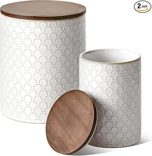LE TAUCI Food Storage Containers with Airtight Lids, 78/25 oz Ceramic Sugar Canisters Sets, Embossed Large Jars for Pasta, Oats, Coffee Bean, Cookies, Rice, Grains, Tea - Set of 2, Fireworks-CasaMuseHome