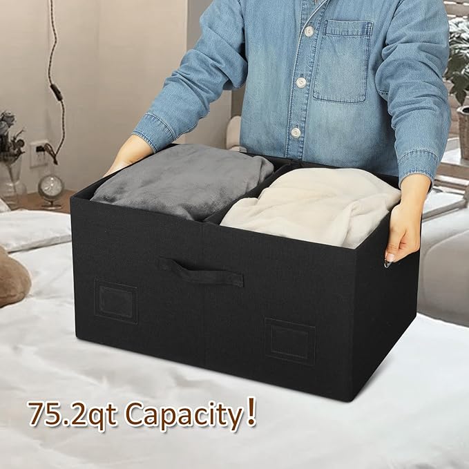 75 Quarts Extra Large Decorative Storage Bins with Lids, 3 Packs Black Collapsible Storage Bins with Lids, Stackable Storage Bins Decorative Box Storage With Lid Extra Large-CasaMuseHome