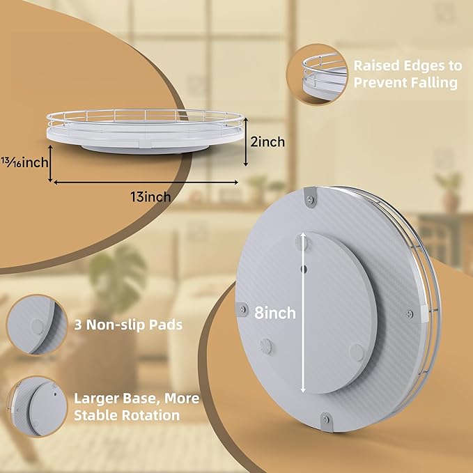 13" Lazy Susan Turntable Organizer for Table Top, Round Wooden Lazy Susan for Cabinet Kitchen Decor Centerpieces Coffee Table, Storage Condiments Spices, Bathroom Vanity Tray for Soap, White-CasaMuseHome