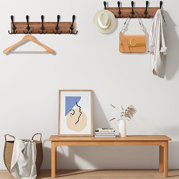 2pcs Coat Rack Wall Mount Wooden Hat Rack for Wall Hooks Pine Real Wood Plank 16.9" Brown Coat Hanger with 5 Triple Hooks for Hanging Coat Hat Jacket-CasaMuseHome