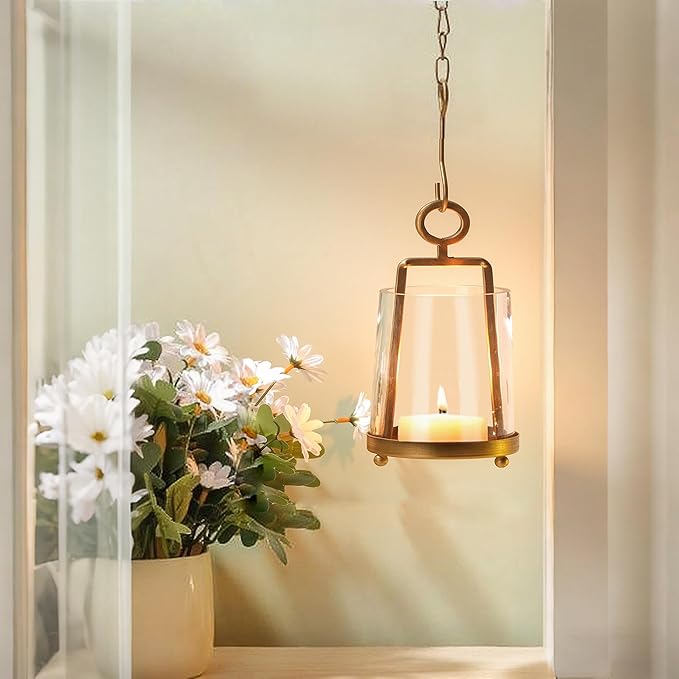 3'3" Wide Modern Metal Hurricane Lantern with Handmade Sturdy Glass Sleeve in Brass for Tealight Candle & Plants, Farmhouse Hurricane Industrial, Minimalistic, Shabby Chic (1, Brass, 3.3"x5.2")-CasaMuseHome