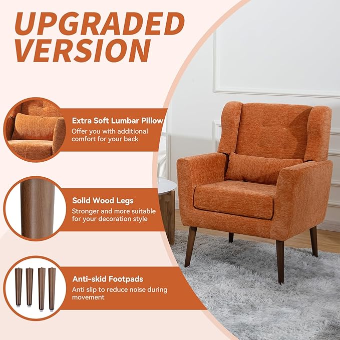 Accent Chair Set of 2, Upholstered Armchair with Pillow, Fabric Single Sofa Chair with Lounge Seat and Wood Legs Accent Chair for Living Room Small Spaces (Orange, Set of 2)-CasaMuseHome