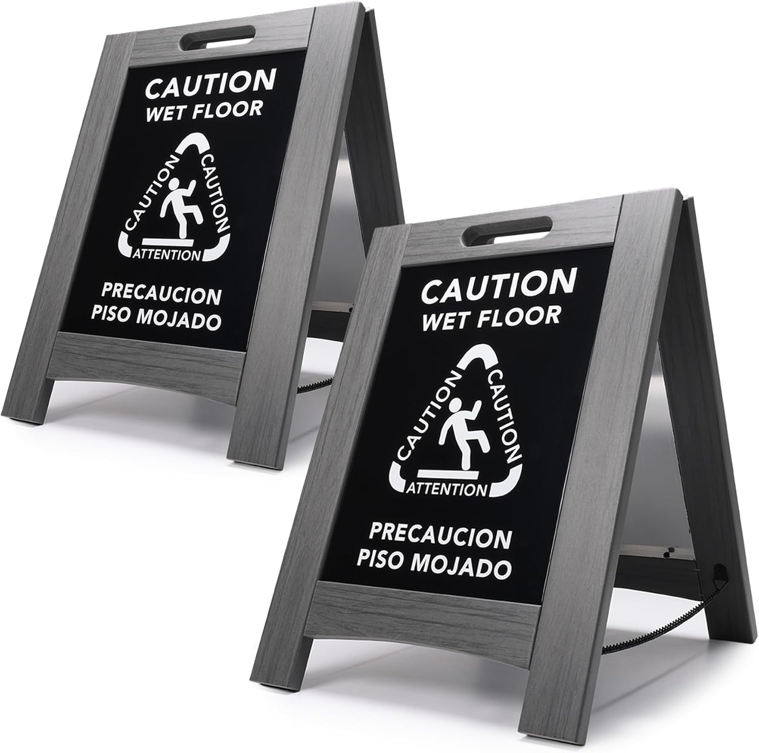 Premium Outdoor Composite Caution Wet Floor Sign – Bilingual w/Non-Skid Plastic Feet, Black Plate – For Hotels, Schools, Offices, Areas, Restrooms, Pool Decks - Grey (2 Pack)