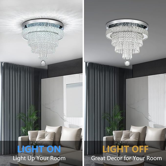 16“ Crystal Chandeliers Light Flush Mount Ceiling Light Fixtures Round Modern LED Chandelier for Living Room Bedroom Dining Room Closet Hallway (Cool White)-CasaMuseHome