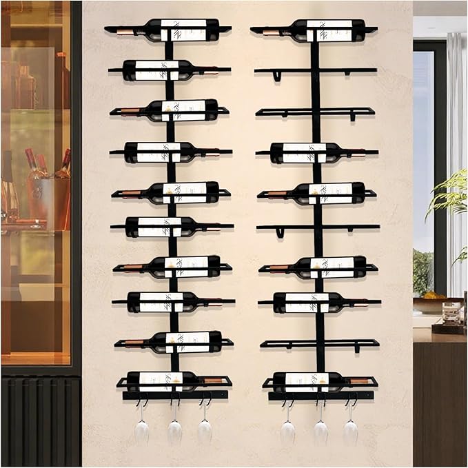 20 Bottle Wall Mount Wine Rack with Wine Glass Holder, Metal Wine Wall Rack, Wall Racks for Wine Bottles Display and Storage, Hanging Bottle Organizer for Living Dining Room Wine Cellar Bar (Black)-CasaMuseHome