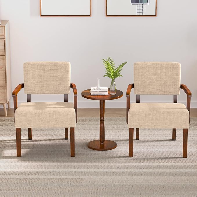 Accent Chair Set of 2 with Table, Living Room Chairs with Soft Seat and Armrests for Living Room Bedroom Reading Room Waiting Room (Beige) (AC01)-CasaMuseHome