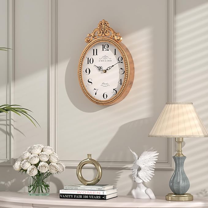 Abdurey Small French Retro Decorative Wall Clock, Antique Gold Vintage Oval Style,Silent Battery Operated Boho Decor Wall Clocks for Farmhouse,Kitchen,Bedroom,Bathroom(10.4" H x 6.7" W)-CasaMuseHome