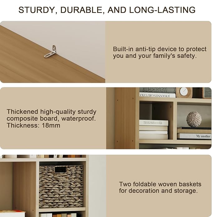 71" Tall 6-Tier Heavy Duty Bookcase with 2 Foldable Storage Baskets, 55" Wide Open Bookshelf with 16 Irregular Cubes for Living Room, Office （Yellow）-CasaMuseHome