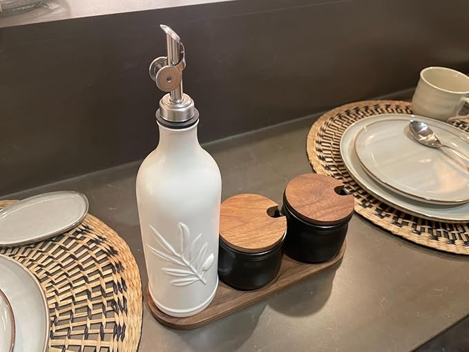 20 Oz Ceramic Olive Oil Dispenser Bottle, with Stainless Steel Spout & Funnel, Ideal for Oil, Vinegar, Coffee Syrup & Liquids (White)-CasaMuseHome
