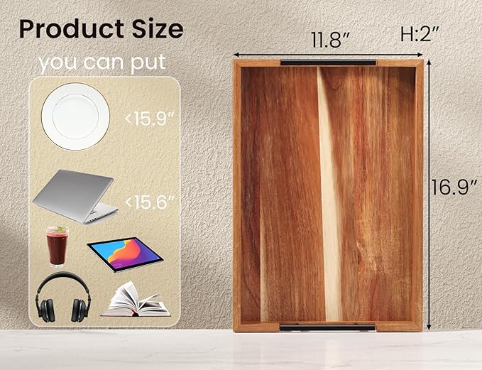 Acacia Wood Serving Tray with Metal Handles,17x12in Ottoman Decorative Trays Platter for Coffee Table,Living Room,Bar,Party(Large)-CasaMuseHome