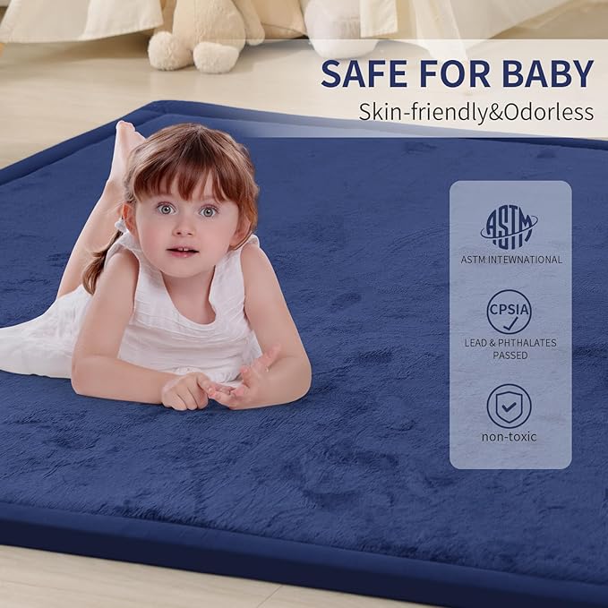 ACOMOPACK Baby Play Mat for Floor 1.3" Thick Memory Foam Play Mat 39"×59" Tummy Time Crawling with Non-Slip Bottom for Living Room,Nursery,Soft Velvet Playpen Mats for Kids,Infants（Royal Blue）-CasaMuseHome