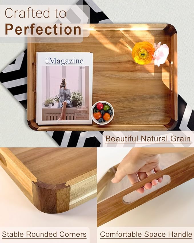 22 Inches Acacia Wood Serving Tray with Handles, Large Wooden Rectangle Ottoman Tray, Nice Home Decor for Living Room Coffee Table Couch, Ideal Size for Serving Food Breakfast BBQ Party-CasaMuseHome