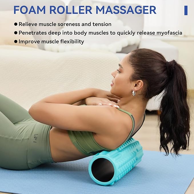 5 in 1 Foam Roller Set - Back Roller Foam, Massage Roller Stick, Massage Ball, Resistance Band for Physical Therapy & Deep Tissue Muscle Massage (Green)-CasaMuseHome