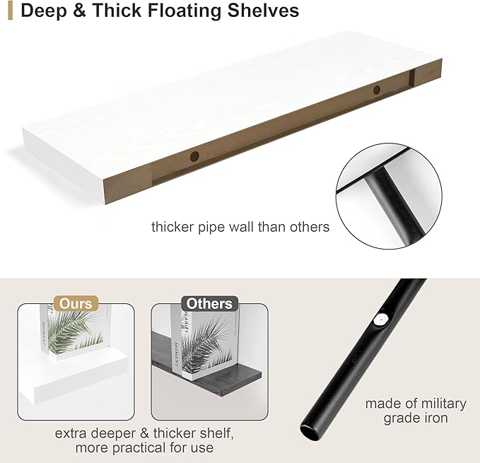 12" Deep White Floating Shelves,Over Toilet Long Wall Mounted Modern Farmhouse 36 inches,Wall Shelves with Invisible Brackets for Bedroom, Bathroom, Living Room, Kitchen, Set of 1-CasaMuseHome