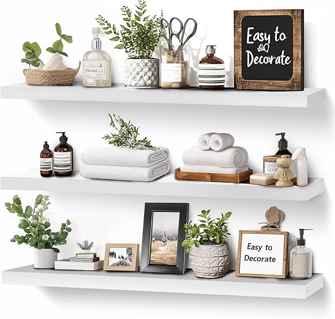 3-Pack Floating Wall Shelves, 24-Inch Rustic White Wooden Shelves for Storage and Décor, Easy Installation for Living Room, Bedroom, and Kitchen-CasaMuseHome
