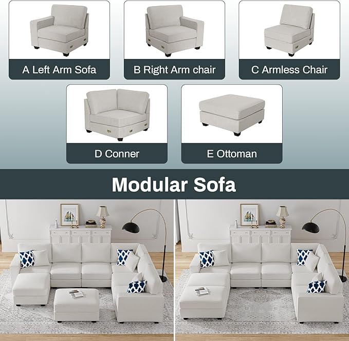 L Lengend Vansen Modular Sectional Sofa U Shaped Couch with Ottoman Modern Reversible Corner Sectional Couch for Living Room (Cream, U Shaped Sofa-3)-CasaMuseHome