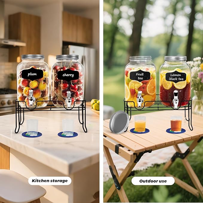 2-Pack 1 Gallon Glass Laundry Detergent Dispenser Set with Bamboo Lids and Stand - Liquid Soap and Fabric Softener Dispensers with Spigots, Cups, Labels and Mats, Laundry Room Organization and Storage-CasaMuseHome