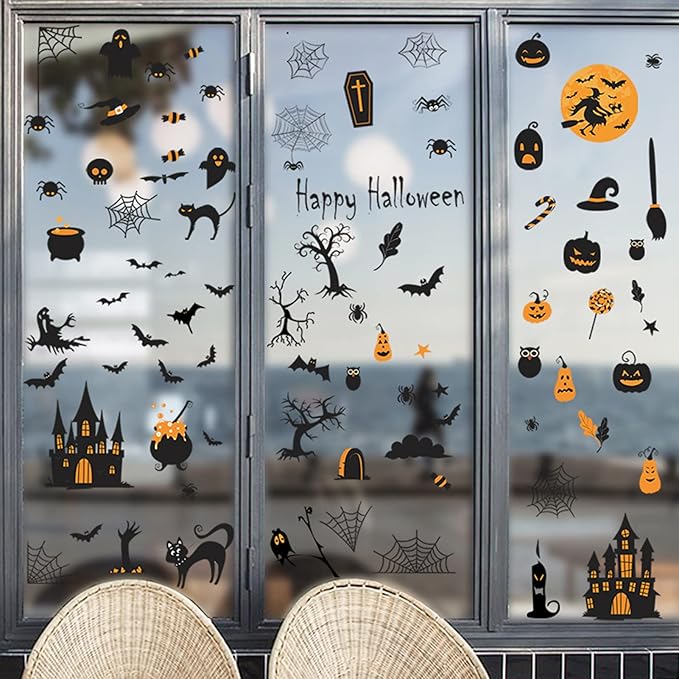 84 PCS Window Clings - Halloween Wall Stickers for Living Room, Pumpkins, Castles, Bats, Cats, Vampire, Witch Stickers, Household Decorative Murals, Party Supplies-CasaMuseHome