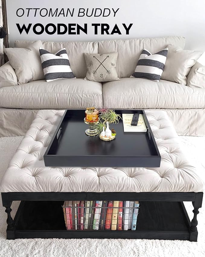 20 Inches Square Wooden Ottoman Tray Black, Large Wood Serving Tray with Handles for Living Room, Serving Food Breakfast, Ottoman Coffee Table Couch Sofa Kitchen-CasaMuseHome