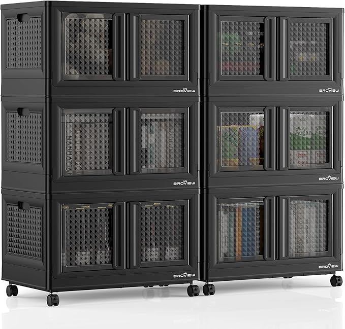 600Qt Stackable Storage Bins with Lids, 150Gal Closet Organizers and Storage Drawer, Plastic Collapsible Storage Bins with Doors, Heavy Duty Store Box Cabinet for Home Kitchen, 6Pack Black-CasaMuseHome