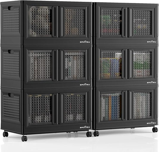 600Qt Stackable Storage Bins with Lids, 150Gal Closet Organizers and Storage Drawer, Plastic Collapsible Storage Bins with Doors, Heavy Duty Store Box Cabinet for Home Kitchen, 6Pack Black-CasaMuseHome