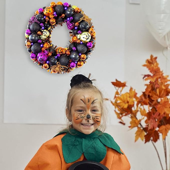 13.8 Inch Halloween Ball Wreath for Front Door with Lights, Lighted Cute Treat-or-Trick Door Wreath Ball Ornament for Halloween Indoor Decorations Centerpiece Party Holiday Wall Home Decor-CasaMuseHome