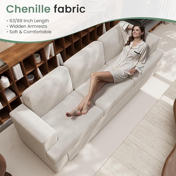 2 Piece Set Comfy Sofa Couch, 2 3-Seater Sofa with Deep Seats, Modern Sleeper Couch for Living Room, Beige Chenille-CasaMuseHome