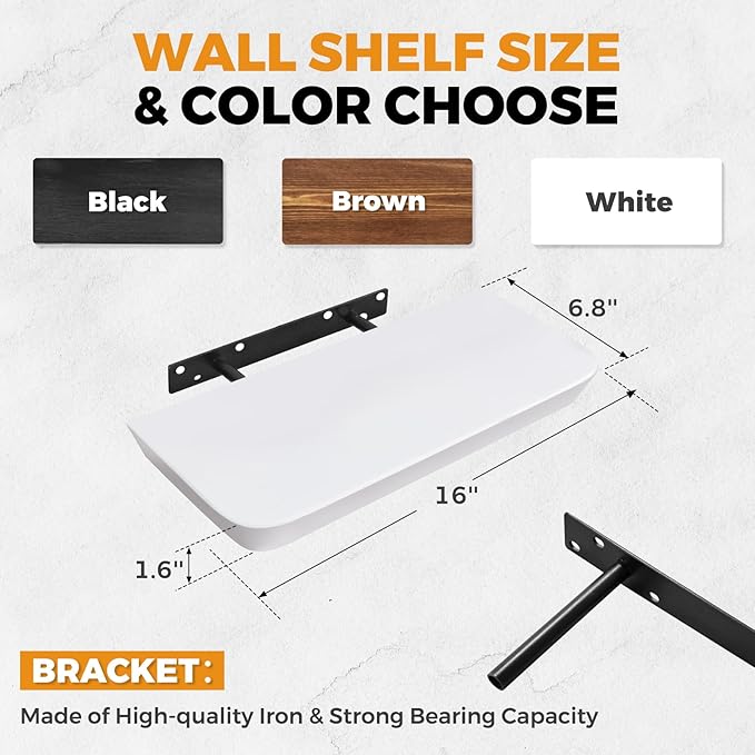 16"x6.8"x1.6" Slanted Floating Wall Shelves 2-Pack - Rustic White Finish, Heavy-Duty Solid Wood Design with Hidden Brackets - Perfect for Living Room, Kitchen, Bathroom, or Office-CasaMuseHome