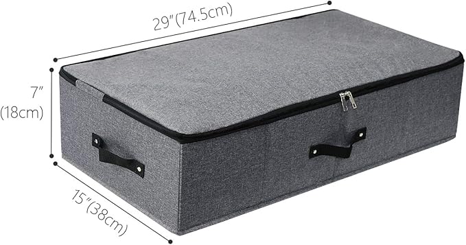 2PCS Foldable Under Bed Storage Box with Plastic Support Liner, Handles, Zipper lid, Blankets Clothes Comforters Storage Bin Organizer for Bedroom and Closet, 29×15×7inch, Black Grey-CasaMuseHome