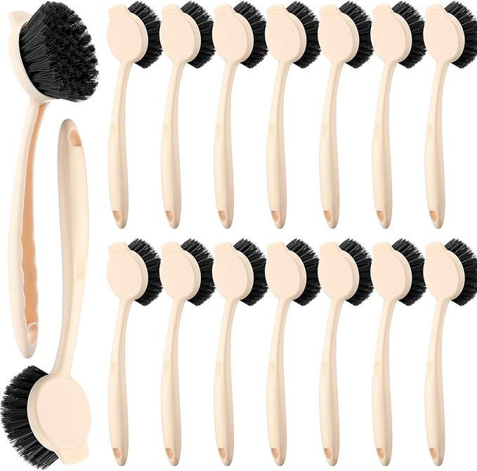 16 Pack Dish Brush with Handle Dish Scrubber Brush with Built-in Scraper Kitchen Scrub with Stiff Bristles Long Scrubber for Home Restaurant Pot Sink Washing Cleaning Supplies, Beige-CasaMuseHome