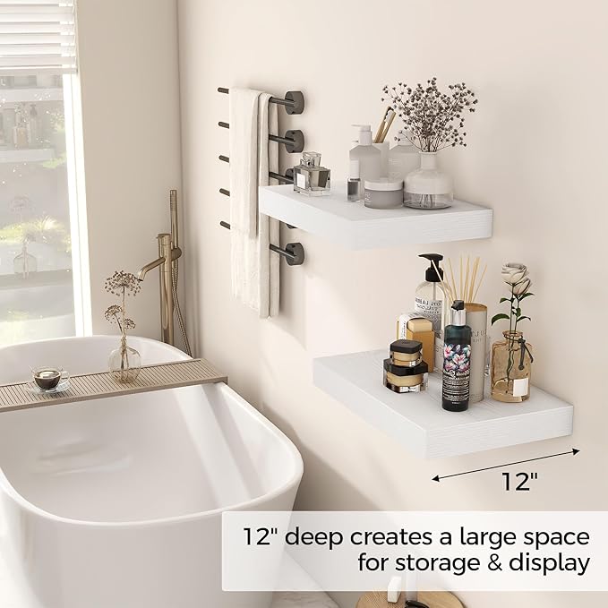 12 Inch Deep White Floating Shelves, 16 x 12 Floating Shelf for Books, Rustic Wood Deep Wall Shelves for Home Storage & Display, 2" Thicked Shelves for Kitchen, Living Room, Bedroom, 2 Pack-CasaMuseHome